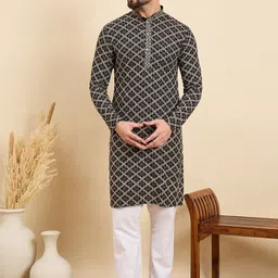 House of Pataudi Geometric Embroidered Thread Work Mandarin Collar Straight Kurta-picture-35