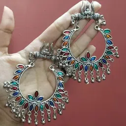 ZURIKRISHA Silver-Plated Stones & Ghungroo Studded Circular Oxidised Chandbalis-picture-20