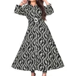 NG CREATION Women Black Mandarin Collar Three-Quarter Sleeves Flared Casual Dresses-picture-35