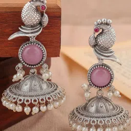 Zoey Silver Plated Pearls Beaded Parrot Shaped Oxidised Jhumkas-picture-54