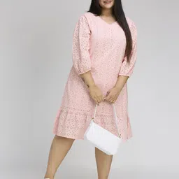 Sizeupp Women Plus Size Cotton Schiffli Three-Quarter A-Line Dress image 1