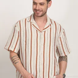 The Roadster Lifestyle Co Striped Cotton Cotton Cubans Collar Half Sleeve Crochet Shirt-image-19