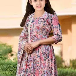 Vetrokart Girls Floral Printed Raw Silk Round Neck Anarkali Kurta With Trousers & Dupatta image 4