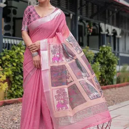 ALMAARI FASHION Floral Printed Zari Pure Linen Banarasi Saree With Unstitched Blouse Piece-picture-25