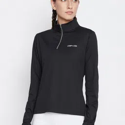 Women Solid High Neck Polyester Black T-Shirt-image-14