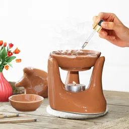 landslide Ceramic Hand Type Aroma, Burner with 1 Tea Light, Candle, Orange 4.25 Inch Diffuser Set image 2