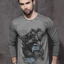 Roadster Men Charcoal Printed Round Neck Pure Cotton T-shirt-picture-40