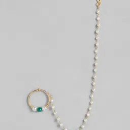 I Jewels Gold-Plated & Green Pearl Studded & Beaded Chained Nose Ring-picture-24
