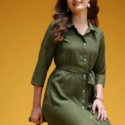 HERE&NOW Striped Shirt Style Dress with Belt-image-16