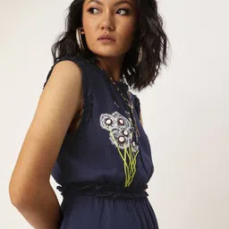 QUIERO Navy Blue Floral Embroidered Regular Top image 2