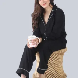 Pretty Loving Thing Black Rayon Solid Shirt & Pyjama Set image 5