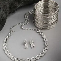 Zeneme Silver Plated White AD Studded Jewellery Set-picture-19