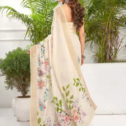 Satrani Cream Floral Print Saree With Unstitched Blouse image 5