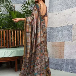 Satrani Brown & Grey Printed Saree With Unstitched Blouse image 5