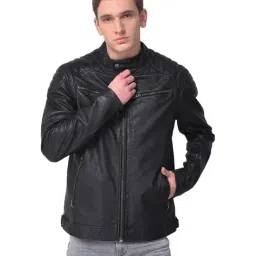 Woods Black Mandarin Collar Leather Jacket-picture-11