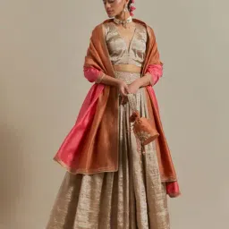 Vinusto Beige Zari Lehenga Set with Color Block Dupatta in Brown and Pink Chanderi With Blouse-picture-16
