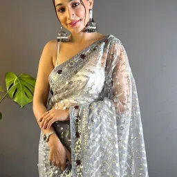 Saree Mall Grey Embellished Sarees With Unstitched Blouse image 5