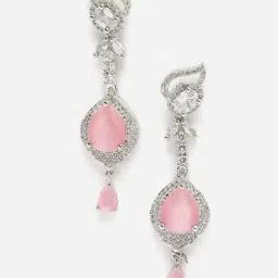 Zeneme Rhodium Plated Silver Pink AD Studded Teardrop Shaped Drop Earrings image 4