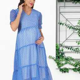angloindu Women Polka Dots Printed Georgette Maternity Puff Sleeves Fit & Flare Midi Dress-image-11