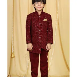 AJ Dezines Full Sleeves Motif Embroidered Velvet Sherwani Set - Maroon-picture-26