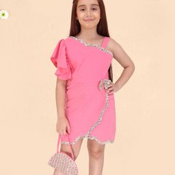 Cutecumber Woven One Shoulder Flutter Sleeves Sequins Embellished & Bow Applique Detailed Dress With Sling Bag Set - Coral Pink-picture-48