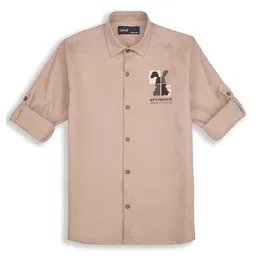 Charchit Cotton Woven Full Sleeves Optimistic Text Printed Shirt - Beige-image-2