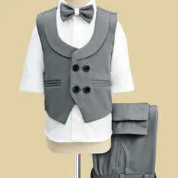 Radutu Full Sleeves Solid 3 Piece Party Suit With Bow Set - Dark Grey & White-picture-12