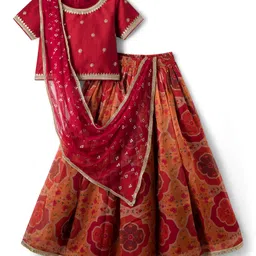 Pine Kids Woven Half Sleeves Lehenga Choli Set With Floral Print & Dupatta - Rust Orange-picture-17