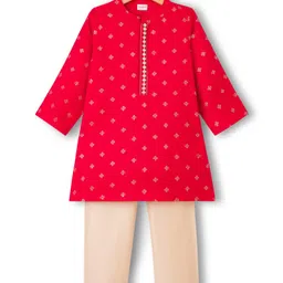 Babyhug Woven Full Sleeves Kurta Pajama Set With Floral Foil Print - Red-picture-16