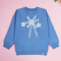 Kiddopanti Cotton Fleece Knit Full Sleeves Flower & Sequin Embellished Sweatshirt - Dust Blue-picture-18