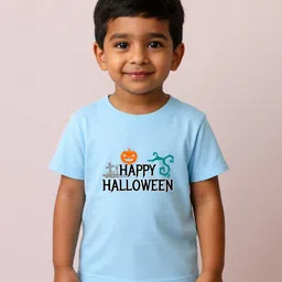 BLUSHES 100% Cotton Knit Halloween Theme Half Sleeves Happy Halloween Text Printed Tee - Aqua Blue-picture-32