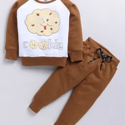 TOONYPORT Cotton Full Sleeves Cookie Printed Sweatshirt With Solid Joggers Set - Brown image 3