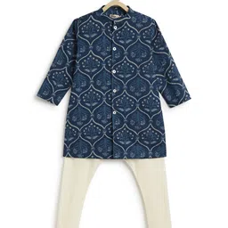 Tiber Taber 100% Cotton Full Sleeves Floral Printed Kurta Pyjama Set - Blue image 5