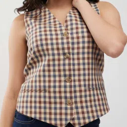 Fablestreet Brown Cotton Checks Waist Coat image 5