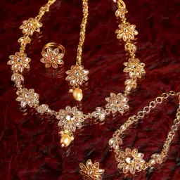 Zeneme Gold Plated Beige Kundan Studded Floral Jewellery Set-picture-36