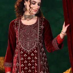 Libas Maroon Velvet Embellished Kurta Sets image 5