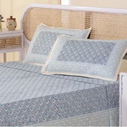 Peepul Tree Pure Cotton Double Bedsheet Set With 2 Pillow Covers | Hand Printed in Blue & Grey | image 5