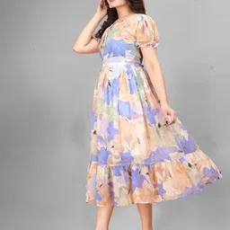 GROMint Women Floral Printed Tie-Up Neck Fit & Flare Midi Dress image 2