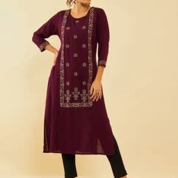 Soch Wine Rayon Slub Zari Embroidered Panelled Straight Kurta-picture-0