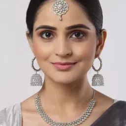 Zeneme Lime Green Silver Toned Green AD Stone Studded Jewellery Set image 2