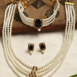 Zeneme Gold Plated Black Stone Studded Beaded Layered Temple Jewellery Set-picture-31