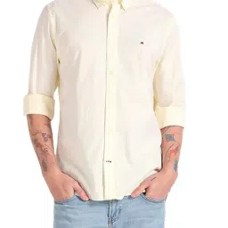 Tommy Hilfiger Yellow & Optic White Stripes Regular Fit Shirt-image-11