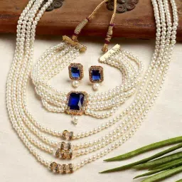 Zeneme Gold Plated Blue Stone Studded Pearl Beaded Layered Jewellery Set-image-32