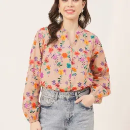 Moomaya Beige Cotton Floral Print Shirt-image-62