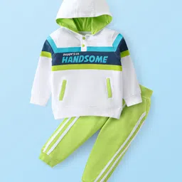Babyhug Single Jersey Knit Full Sleeves Hooded T-Shirt with Kangaroo Pocket & Lounge Pants Set Text Print - White & Green-picture-26