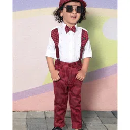 BAD BOYS Full Sleeves Motif Printed Shirt With Striped Pant Suspender Bow & Cap - Maroon-picture-12