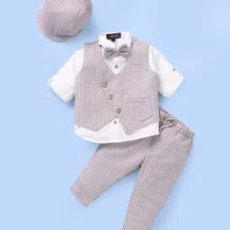 Robo Fry Lycra Knit Full Sleeves Checkered 3 Piece Party Suit with Hat & Bow - Light Grey-picture-11