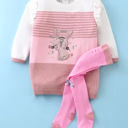 ToffyHouse Cotton Knitted Full Sleeves Winter WearStriped Woollen Dress with Stockings Striped & Bunny Patch - Pink & White-picture-28