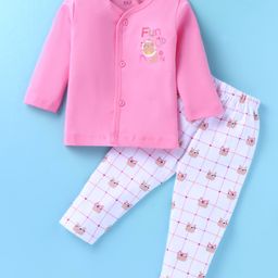 Simply Interlock Knit Full Sleeves Front Open Night Suit With Checks & Bear Print - Pink & White-picture-24