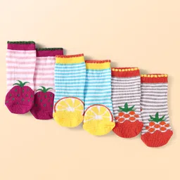 Cute Walk By Babyhug Cotton Knit Anti-Bacterial Ankle Length Socks With Fruit Design Pack of 3 - Pink & Blue-image-94